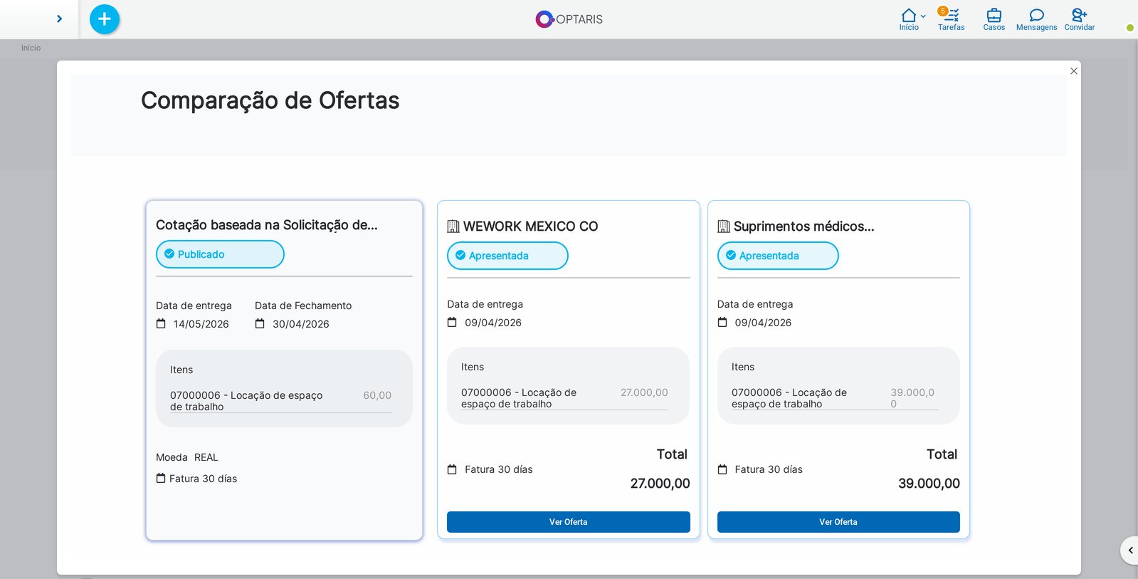 Tela real do ambiente de demonstração: comparação de ofertas da cotação, com os fornecedores lado a lado.