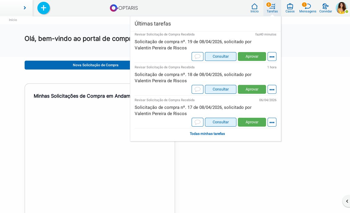 Fila de tarefas do aprovador no Deyel Vendor Management: três solicitações de compra recebidas, cada uma com os botões Consultar e Aprovar.
